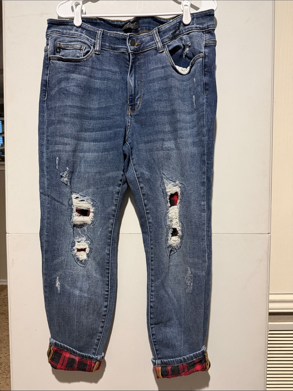 Judy Blue Distressed Blue Jeans with Red Plaid Cuff